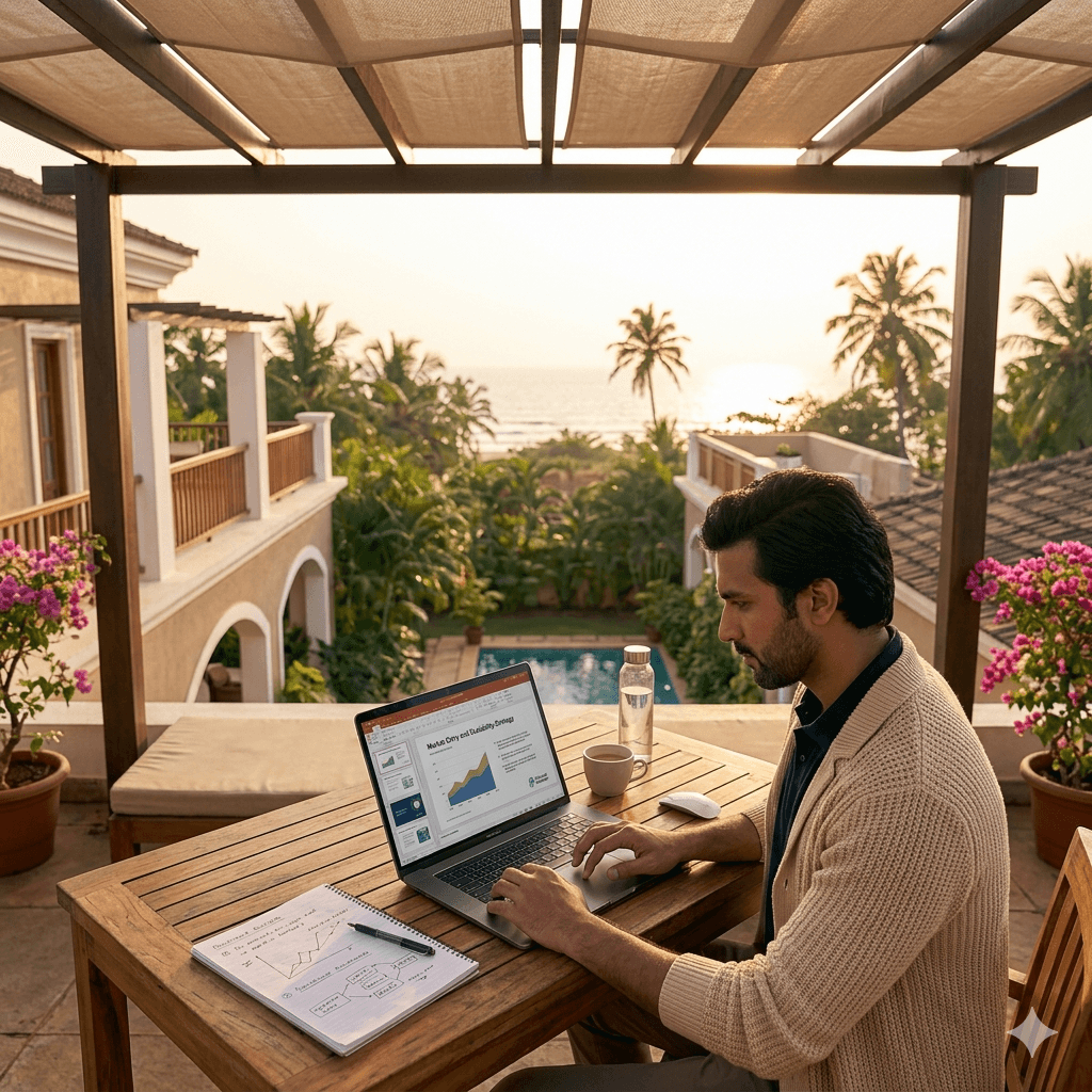 A founder working alone on a laptop with a sunset sea view