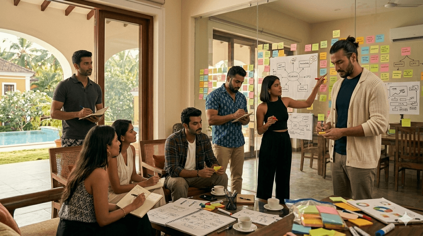 Founders in a working session at a long table, one presenting at a flip chart